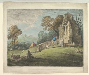 Waldlandschaft mit Bauer, der einen Grabstein liest, rustikale Liebende und verfallene Kirche, 1. August 1797