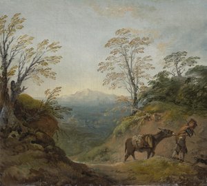 Waldlandschaft mit einem Jungen, der einen Esel und einen Hund führt, und einem weiten Panorama mit Gebäuden und fernen Hügeln, frühe 1760er Jahre von Thomas Gainsborough