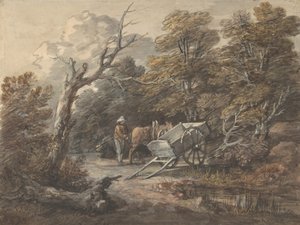 Waldszene mit einem Bauern, einem Pferd und einem Wagen, ca. 1760