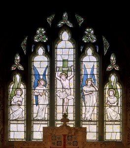 Hornblotton, St Peter, Ostfenster, Kreuzigung und Engel von Thomas Graham Jackson