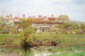 Great Tangley Manor, Surrey, mit dem Seerosenteich und überdachtem Weg