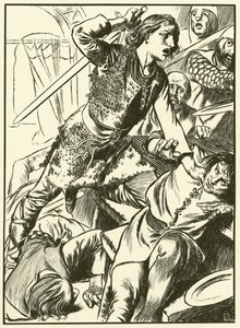 Hereward und seine Männer greifen die Normannen an von Thomas Heath Robinson