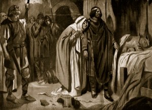 Königin Ethelburga überredet Ine von Wessex, die Krone niederzulegen, 728, Illustration aus 
