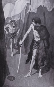 Theseus traf den Minotaurus in einer engen Schlucht von Thomas Heath Robinson