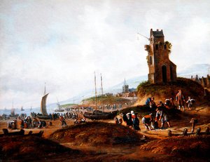 Ansicht von Scheveningen mit Fischern, die ihren Fang verkaufen