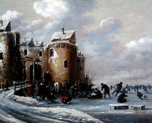 Eine Winterlandschaft mit Schlittschuhläufern bei einem befestigten Torhaus