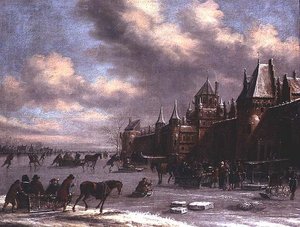 Niederländische Eislaufszene an einem Ästuar