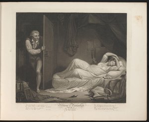 Lasterhafte Dienstmagd schlafend während ein Mann hereinschleicht Platte 3. Die Lasterhafte im Schlafzimmer (Titel auf Objekt) Tugend und Lasterhaftigkeit (Serientitel) von Thomas Hellyer
