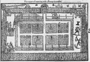 Die Art des Bewässerns mit einer Pumpe in einem Fass, aus The Gardeners Labyrinth, 1577 von Thomas Hill