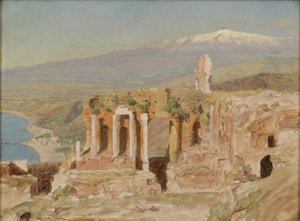 Ansicht der Ruinen des griechischen Theaters in Taormina und des Ätna, Sizilien