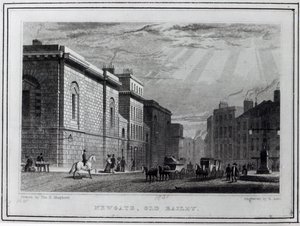 Newgate-Gefängnis und das Old Bailey, graviert von Robert Acon, 1831