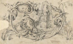 Entwurf für eine Tafel für ein Kaminstück mit zwei kämpfenden Schwänen, umgeben von einer Schriftrolle, 1762 von Thomas Johnson