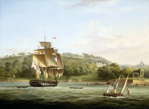 Eine königliche Fregatte und andere Schiffe in der Barn Bay vor Plymouth, England, vor Mount Edgcumbe, um 1830-1855, von Thomas Lyde Hornbrook (1808-1855)