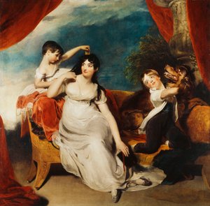 Gruppenporträt von Mrs. Henry Baring und zwei ihrer Kinder und einem großen Hund, eine Landschaft dahinter, ca. 1817-1824