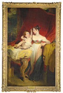 Porträt von Anne, Viscountess Pollington, später Countess of Mexborough (gest. 1870), mit ihrem Sohn, John Charles (1810-99), später 4. Earl of Mexborough, in voller Länge, sie in einem weißen Kleid mit einer Rose