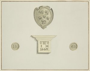 Brauerwappen und andere Details auf dem Kamin in der Temple Street 13
