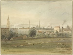 Nahe Stokes Croft mit Blick auf die Skyline von Bristol (Ort des Ballonaufstiegs von Sadler und Clayfield im Jahr 1810) von Thomas Leeson the Elder Rowbotham