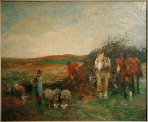 Reisigfuhrwerk und Schafe