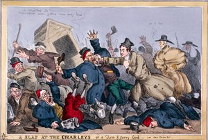 Ein Schlag gegen die Charleys oder ein Tom & Jerry Streich, siehe neues Polizeigesetz, 1829 von Thomas McLean