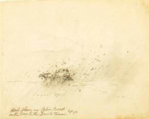 Hagelsturm auf Cabin Creek auf dem Weg zum Teufelsturm von Thomas Moran