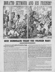Horatio Seymour und seine Freunde! : Wie Demokraten den Farbigen behandeln! : Denkt daran: dass die blutige, verräterische und revolutionäre Doktrin der öffentlichen Notwendigkeit von einem Mob verkündet werden kann