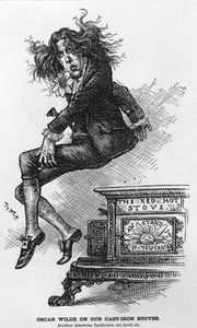 Oscar Wilde auf unseren Gusseisenöfen. Eine weitere amerikanische Institution, die niedergesessen wurde, Illustration aus Harpers Weekly, veröffentlicht 1882 von Thomas Nast