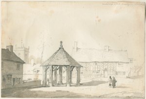Abbots Bromley Tudor - Marktkreuz und Haus (Bleistift- und Waschzeichnung)