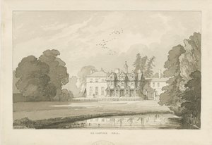 Seighford Hall: Sepia-Waschzeichnung von Thomas Peploe Wood