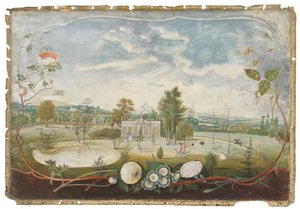 Das Gewächshaus im Woodside House, Old Windsor, in einer Kartusche mit Blumen dekoriert von Thomas Robins