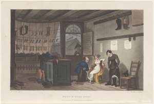 Stiefel- und Schuhgeschäft, aus Poetische Skizzen von Scarborough, 1813 von Thomas Rowlandson, Joseph Constantine Stadler, J. Bluck