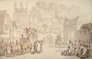 Eine Kutsche, die sich darauf vorbereitet, das Canterbury Gate, Christ Church, Oxford, zu verlassen, ca. 1810-15