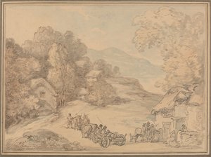 Ein Dorf in einer hügeligen Landschaft von Thomas Rowlandson