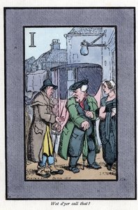 Kutscher von Hackney beschwert sich über kleine Trinkgelder (1819). Holzstich, basierend auf einem Gemälde von Thomas Rowlandson, veröffentlicht in The Cris of London von Thomas Rowlandson