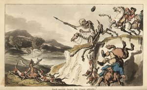Der Tod auf einem skelettierten Pferd reitet über eine Klippe, während ein unglücklicher Jäger und seine Hunde in den Tod stürzen (Handkolorierte Kupferstich von Thomas Rowlandson)