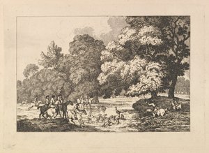 Hirschjagd - Eine Landschaftsszene mit Hirsch und Hunden in einem Fluss, 1787 von Thomas Rowlandson