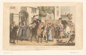 Doktor Syntax verlässt auf seinem Pferd das Dorf von Thomas Rowlandson