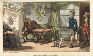 Fähnrich Johnny Newcome kehrt krank aus dem Halbinselkrieg nach England zurück. Handkolorierter Kupferstich, gezeichnet und radiert von Thomas Rowlandson aus Colonel David Roberts