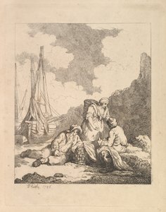 Fischer am Ufer - Küstenszene mit einem Mann, der auf dem Boden sitzt und einen Ellbogen aufstützt..., 1786