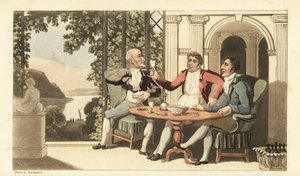 Johnny und Freunde trinken und singen auf einer Terrasse mit Blick auf die Themse. Handkolorierte Kupferstichgravur von Thomas Rowlandson aus William Combes Die Geschichte von Johnny Quae Genus, der kleine Gefundene des verstorbenen Doktor Syntax.