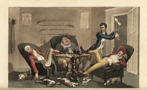Johnny bei einem sportlichen Finale: Johnny mit Kerzenleuchtern verlässt drei betrunkene Jäger, die in einem Speisesaal mit leeren Weinflaschen und schlafenden Hunden schlafen. Handkolorierter Kupferstich von Thomas Rowlandson aus William Combes The Histor