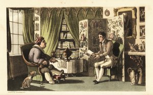 Johnny liest Sir Jeffery Gourmand in seinem Arbeitszimmer vor. Handkolorierte Kupferstichgravur von Thomas Rowlandson aus William Combes The History of Johnny Quae Genus, the Little Foundling of the late Doctor Syntax.