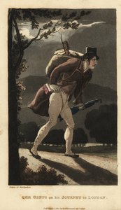 Johnny geht auf der mondbeschienenen Straße nach London. Er hat einen Rucksack mit einer Geige, ein Buch in seiner Manteltasche und trägt einen Regenschirm. Handkolorierte Kupferstichgravur von Thomas Rowlandson aus William Combes Die Geschichte von Johnny von Thomas Rowlandson