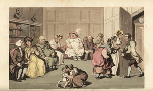 Johnny mit anderen Patienten im Wartezimmer des Quacksalbers Anodyne. Handkolorierter Kupferstich von Thomas Rowlandson aus William Combes The History of Johnny Quae Genus, the Little Foundling of the late Doctor Syntax.