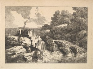 Landschaft mit zwei Fischern, die Felsen neben einem Wasserfall erklimmen, 1784-88 von Thomas Rowlandson