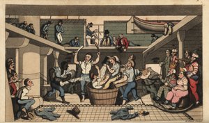 Seefahrtsritual: Äquatorüberquerung. Johnny wird in ein Bad mit Bilgewasser getaucht, als er zum ersten Mal den Äquator überquert. Matrosen sind als Meeresgötter Neptun, Amphitrite und Triton verkleidet. Handkolorierte Kupferstichgravur von W. Read nach ei