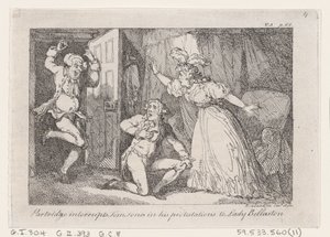 Partridge unterbricht Tom Jones in seinen Protestationen gegenüber Lady Bellaston, aus Die Geschichte von Tom Jones, 1792 von Thomas Rowlandson
