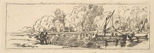 Fluss- oder Teichszene: ein Segelboot und ein Beiboot mit Figuren am nahen Ufer von Thomas Rowlandson