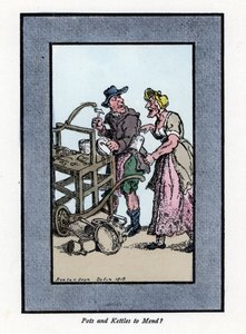 Wandernder Handwerker zeigt den Boden eines Topfes. Holzstich nach einem Gemälde von Thomas Rowlandson, veröffentlicht in 