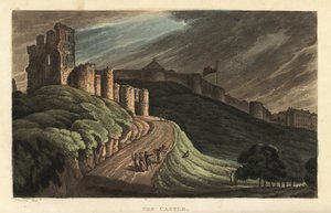 Scarborough Castle: Touristen gehen den Hügel zum Schloss aus dem 12. Jahrhundert hinauf. Kupferstich von Thomas Rowlandson nach einer Skizze von J. Green aus Poetical Sketches of Scarborough, Ackermann, London