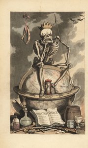 Skelett mit Krone, Speer und Sanduhr, sitzend auf einem Globus über verschiedenen tödlichen Waffen, Pistolen, Messern, Giften und Drogen. Handkolorierte Kupferstichzeichnung und -gravur von Thomas Rowlandson aus The English Dance of Death, Ackermann, Londo